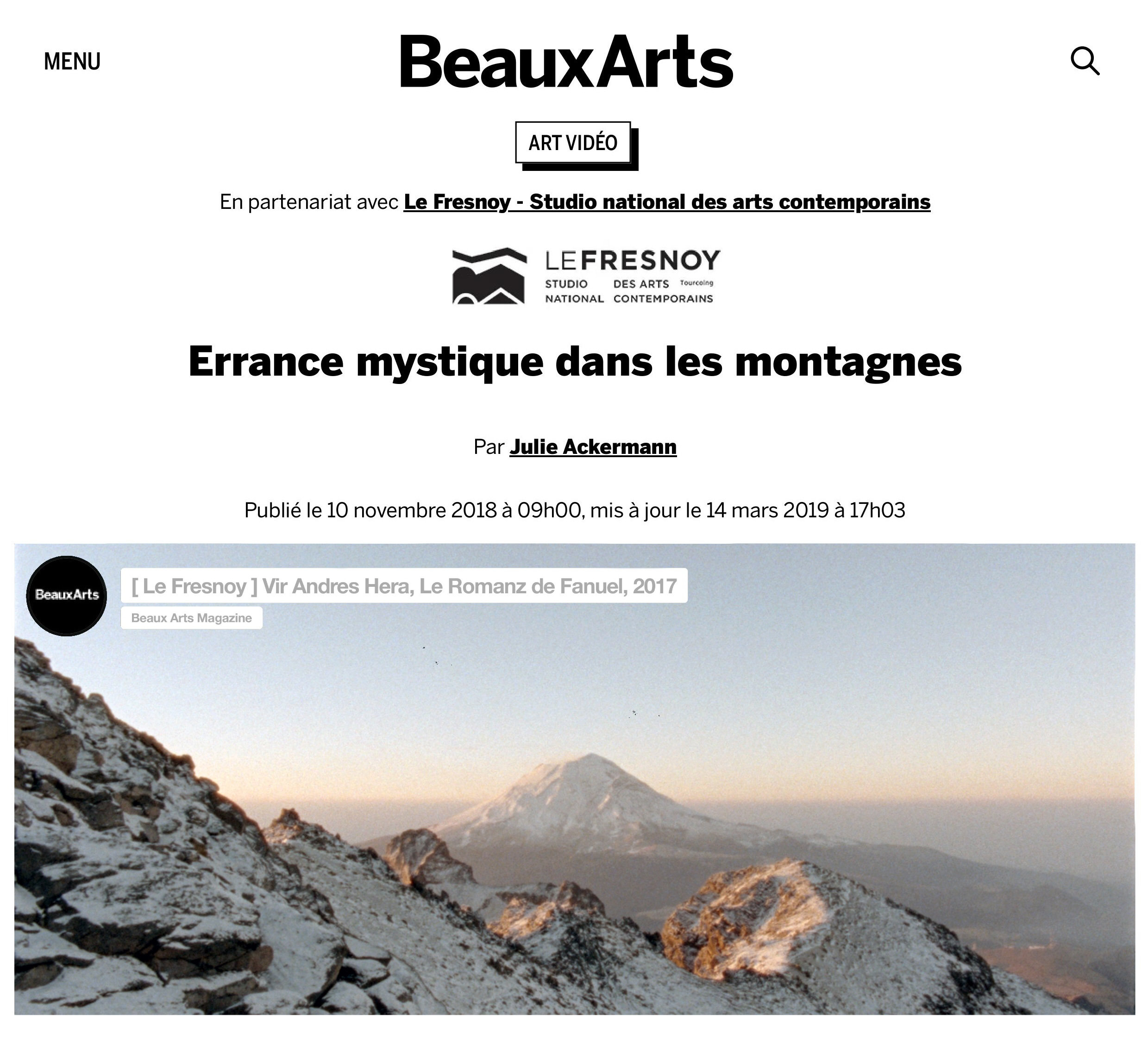 Beaux Arts Magazine — Errance mystique dans les montagnes, article by Julie Ackermann - Vir Andres Hera